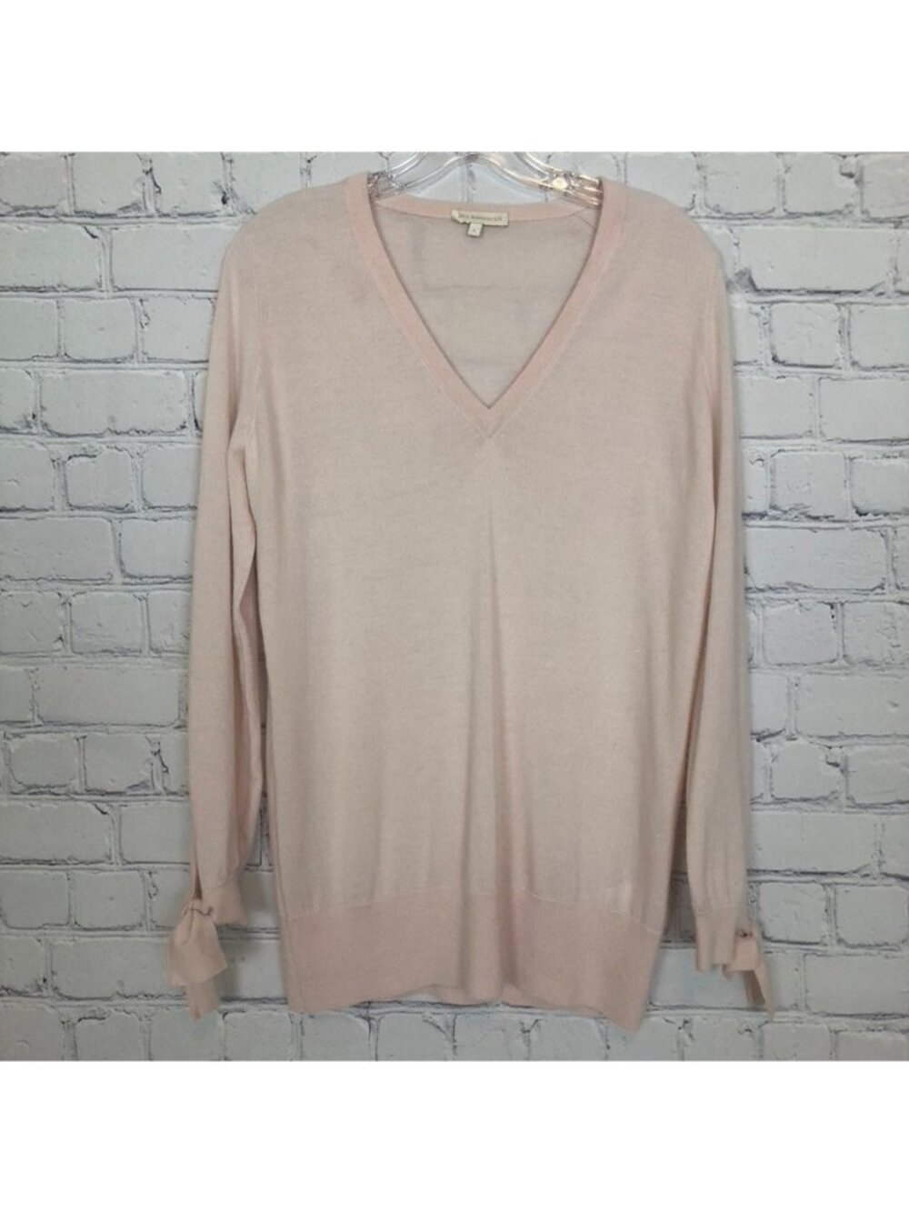 Ann Mashburn Pale Pink 100% Cashmere Sweater Size L V Neck Tie Sleeve